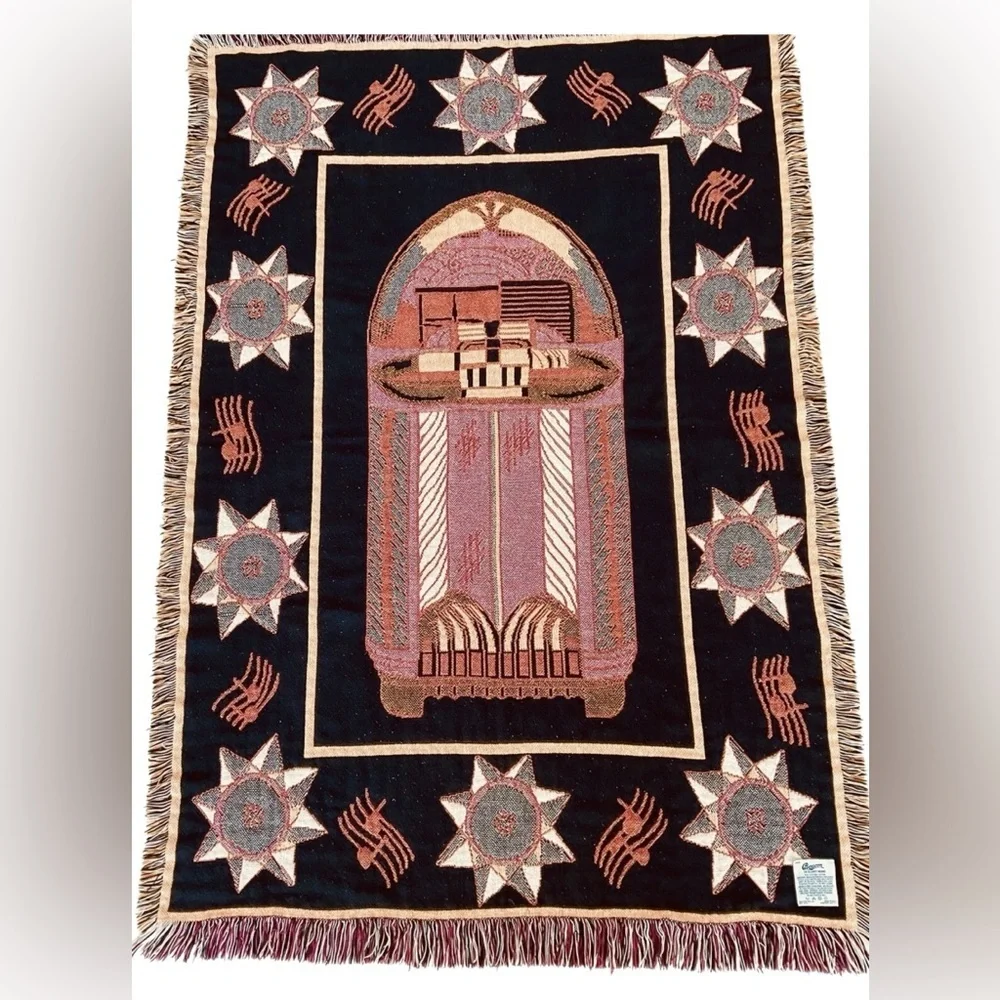 Vintage Beacon Cotton Woven Jukebox Throw Blanket Reversible Music Theme 50x60
